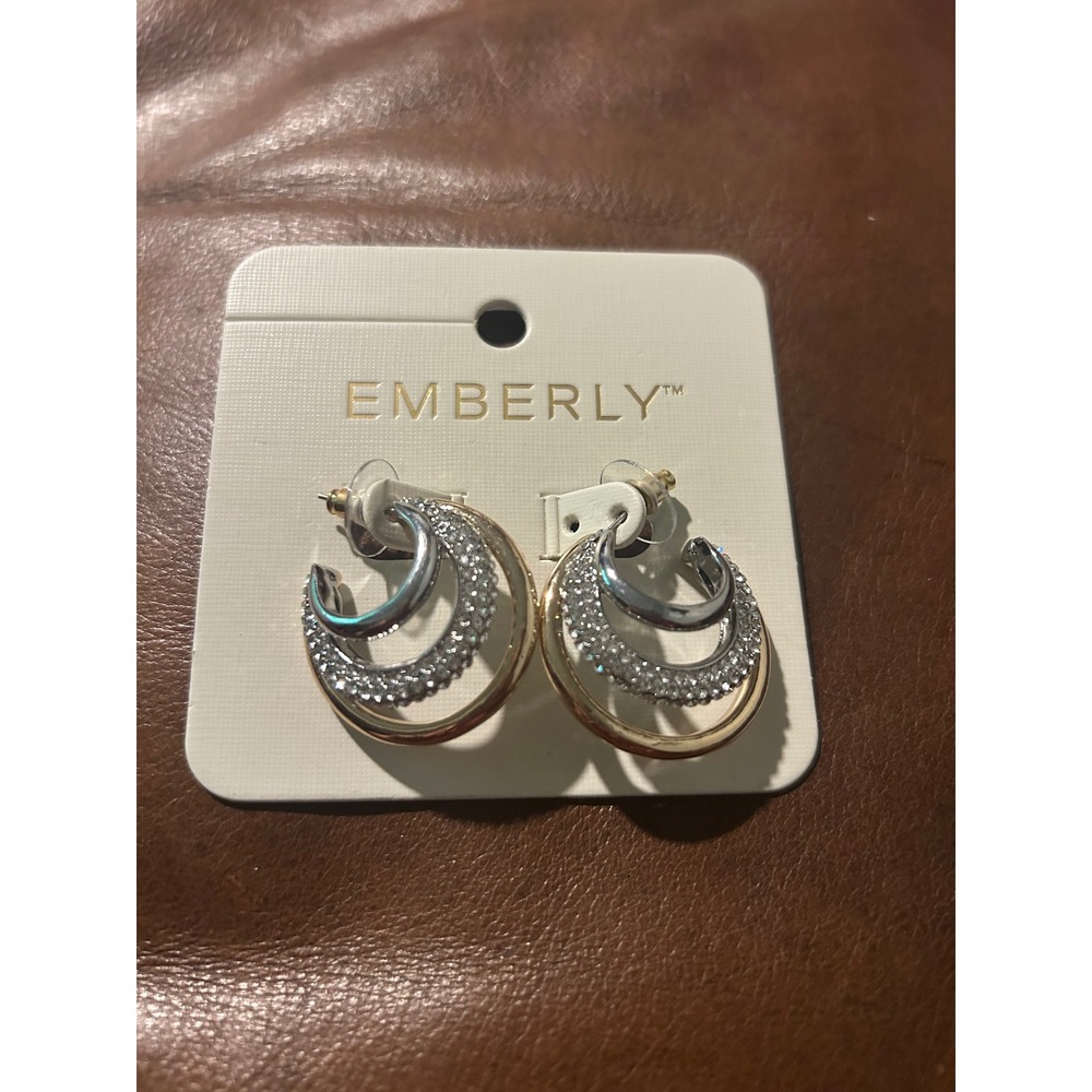 Emberly Mixed Metal Triple Hoop Rhinestone Earrings Gold Silver Tone